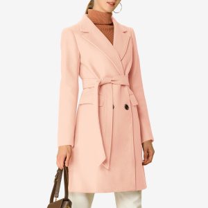 Notch Lapel Double Breasted Belted Mid Long Outwear Winter Coat Light Pink/XS - Allegra K catalog