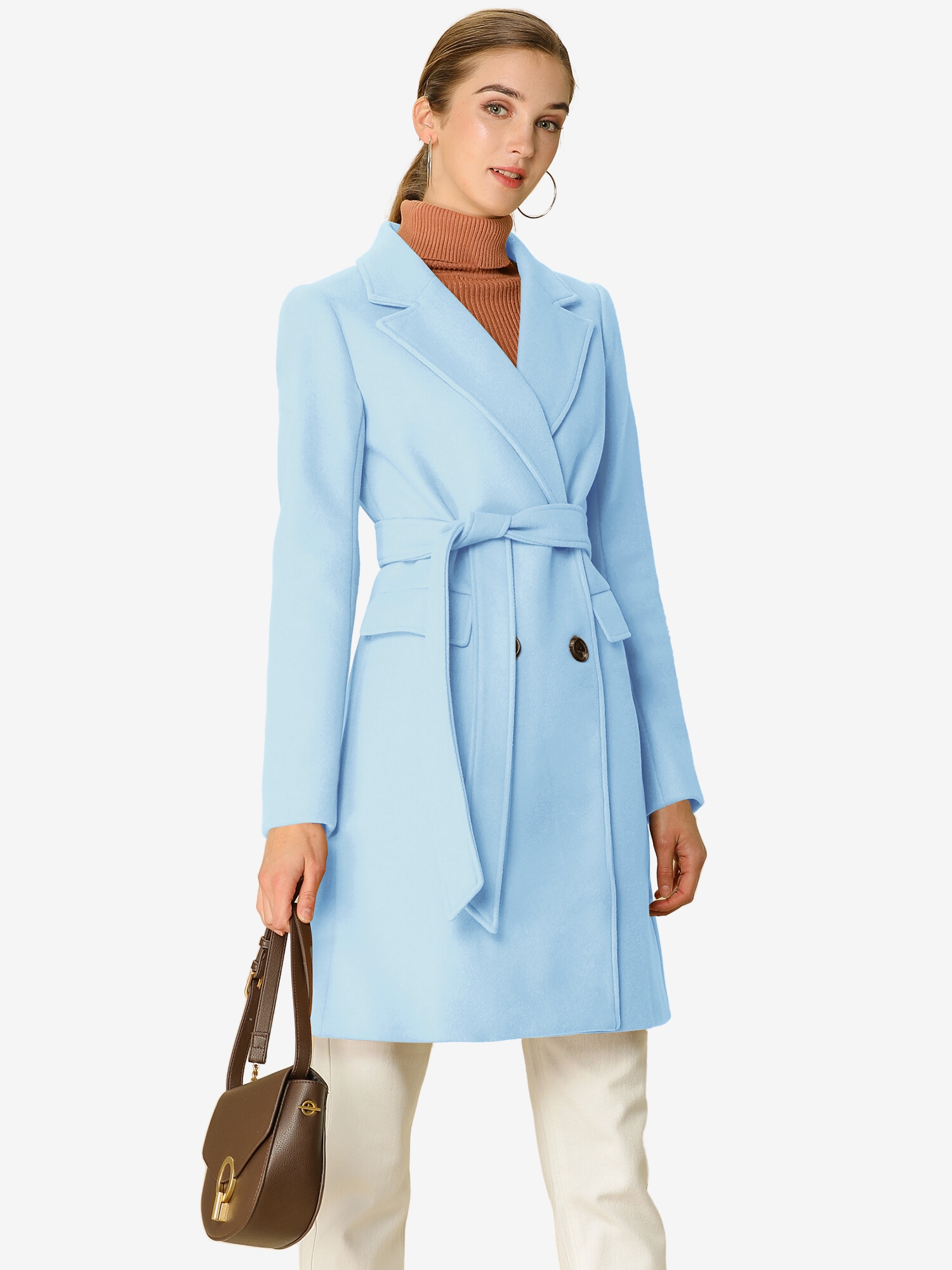 Notch Lapel Double Breasted Belted Mid Long Outwear Winter Coat Light Blue/XS - Allegra K catalog
