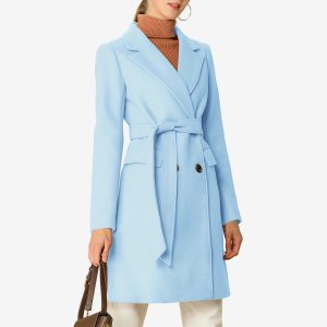 Notch Lapel Double Breasted Belted Mid Long Outwear Winter Coat Light Blue/L - Allegra K catalog
