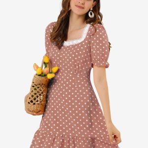 Summer Sweetheart Neck Ruffled Hem Puff Short Sleeve Polka Dots Dress Pink/S - Allegra K catalog