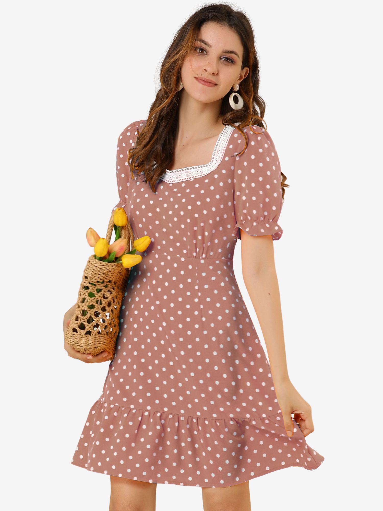 Summer Sweetheart Neck Ruffled Hem Puff Short Sleeve Polka Dots Dress Pink/L - Allegra K catalog