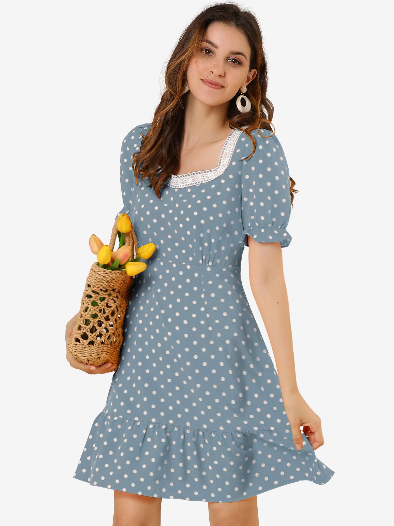 Summer Sweetheart Neck Ruffled Hem Puff Short Sleeve Polka Dots Dress Blue/XS - Allegra K catalog