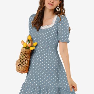 Summer Sweetheart Neck Ruffled Hem Puff Short Sleeve Polka Dots Dress Blue/S - Allegra K catalog