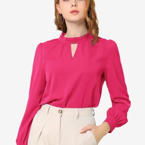 Keyhole Elegant Stand Collar Long Sleeve Chiffon Office Blouse Rose Red/XL - Allegra K catalog