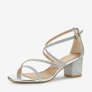 Glitter Crisscross Strap Chunky Heel Sandals Silver/7 - Allegra K catalog