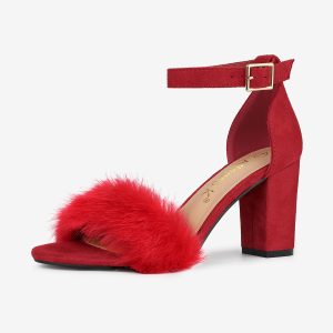 Faux Fur Ankle Strap Block Heel Sandals Red/6 - Allegra K catalog