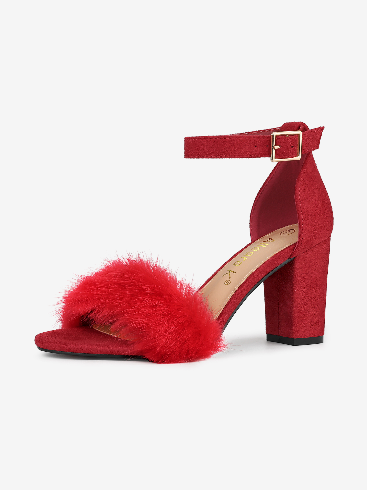 Faux Fur Ankle Strap Block Heel Sandals Red/11 - Allegra K catalog