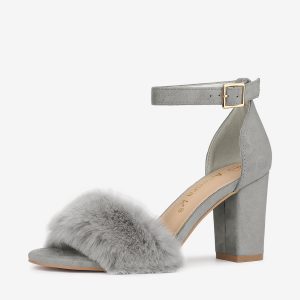 Faux Fur Ankle Strap Block Heel Sandals Gray/8 - Allegra K catalog