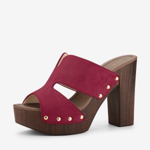 Faux Suede Platform High Block Heel Slides Sandals Burgundy/5.5 - Allegra K catalog