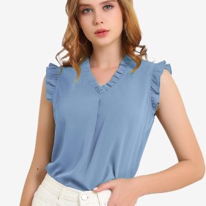 Ruffled Sleeveless Blouse 1950s Vintage Work Business Tops Grey Blue/M - Allegra K catalog