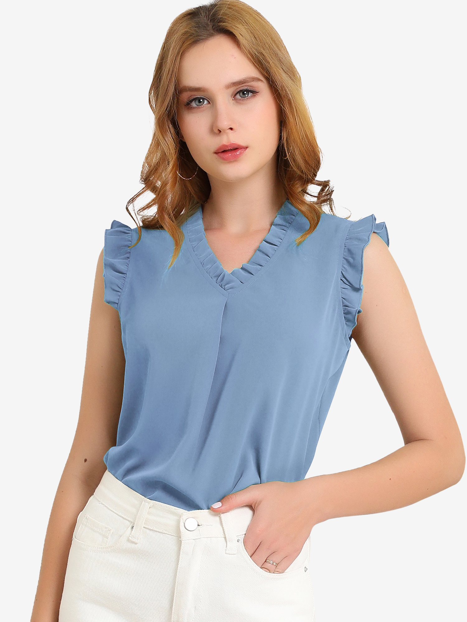 Ruffled Sleeveless Blouse 1950s Vintage Work Business Tops Grey Blue/XL - Allegra K catalog