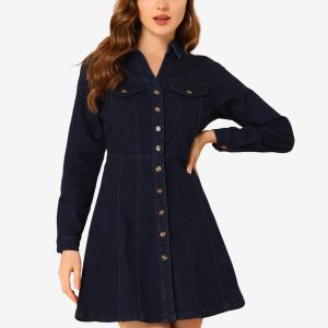 Button Down Collar V Neck Long Sleeve A-line Jean Denim Dress Denim Blue/L - Allegra K catalog