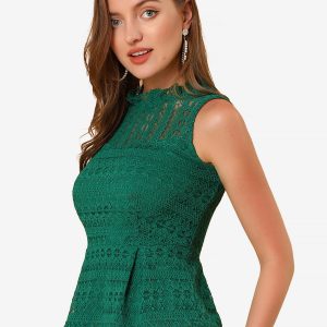Lace Floral Ruffle Neck Keyhole Back Sleeveless Peplum Top Green/L - Allegra K catalog