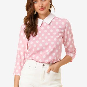 Polka Dots Contrast Peter Pan Collar Top 3/4 Sleeve Blouse Shirt Pink White/L - Allegra K catalog