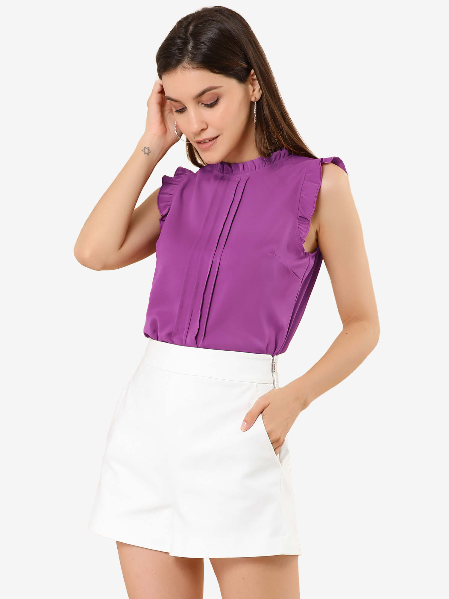 Business Office 1950s Ruffled Retro Sleeveless Work Blouses Fuchsia/S - Allegra K catalog