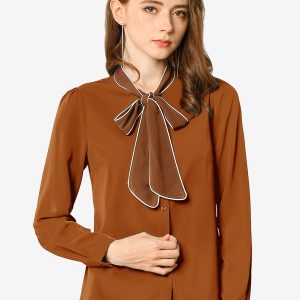 Tie Neck Contrast Color Button Down Long Sleeve Shirt Brown/XS - Allegra K catalog