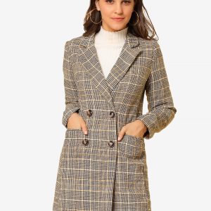 Double Breasted Notched Lapel Plaid Trench Blazer Coat Brown/XL - Allegra K catalog