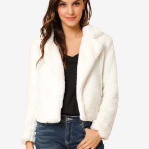 Autumn Winter Cropped Jacket Notch Lapel Faux Fur Fluffy Coat White/XL - Allegra K catalog