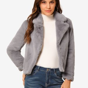 Autumn Winter Cropped Jacket Notch Lapel Faux Fur Fluffy Coat Grey/S - Allegra K catalog