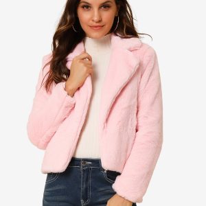 Autumn Winter Cropped Jacket Notch Lapel Faux Fur Fluffy Coat Pink/XL - Allegra K catalog