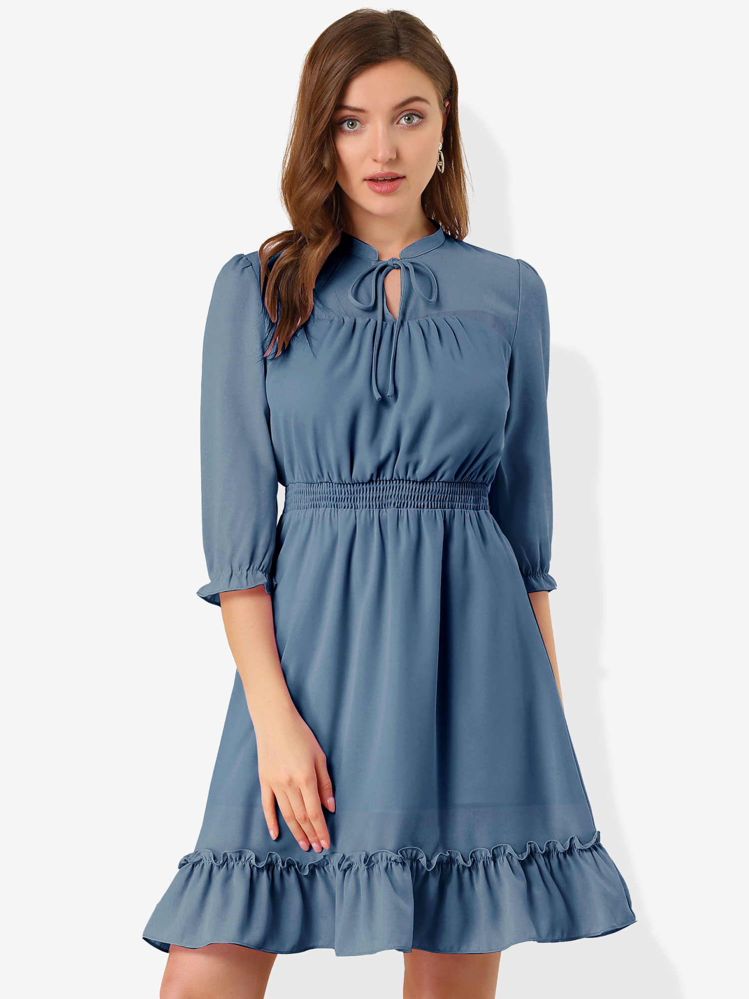 Ruffle Hem 3/4 Sleeve A-Line Smocked Midi Chiffon Dress Blue Grey/S - Allegra K catalog