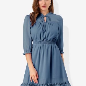 Ruffle Hem 3/4 Sleeve A-Line Smocked Midi Chiffon Dress Blue Grey/L - Allegra K catalog