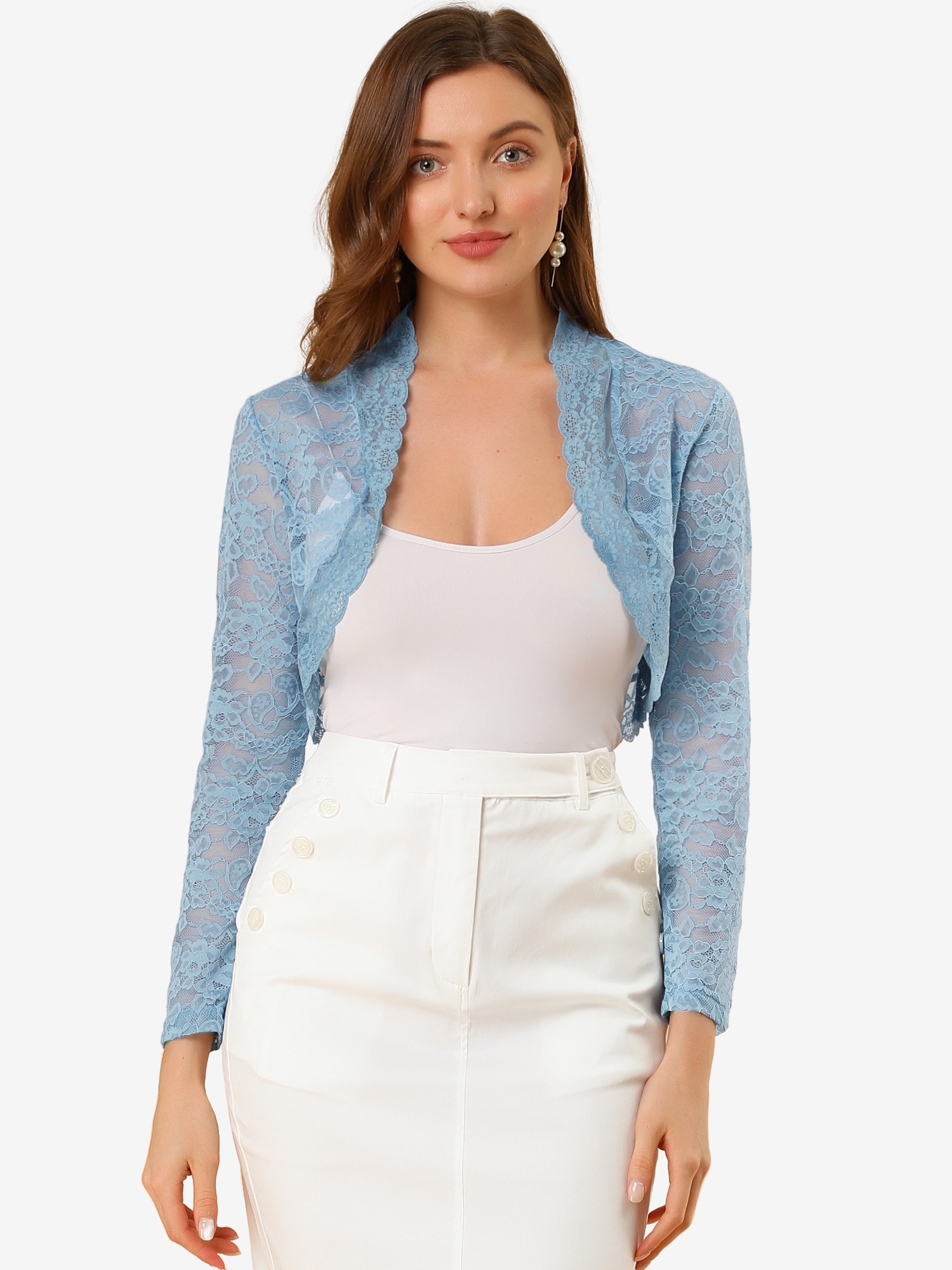 Elegant Sheer Floral Lace Cropped Bolero Shrugs Gray Blue/XS - Allegra K catalog