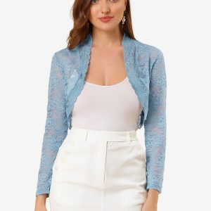 Elegant Sheer Floral Lace Cropped Bolero Shrugs Gray Blue/M - Allegra K catalog