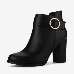 Round Toe Circle Buckle Chunky Heel Ankle Boots Black/7 - Allegra K catalog