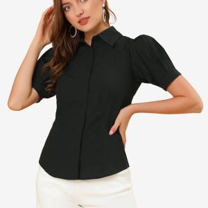 Puff Sleeve Collared Cotton Work Office Button Down Shirt Black/XS - Allegra K catalog