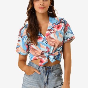 Hawaiian Tropical Leaves Floral Short Sleeve Button Down Shirt Light Blue/S - Allegra K catalog