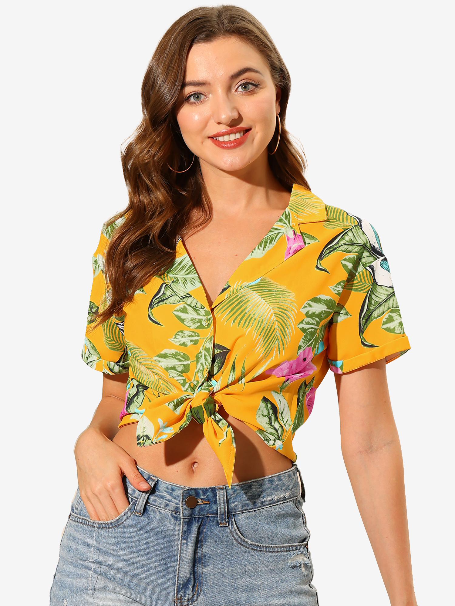Hawaiian Floral Leaves Tropical Button Down Shirt Yellow/S - Allegra K catalog