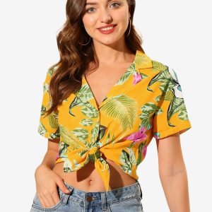 Hawaiian Floral Leaves Tropical Button Down Shirt Yellow/XL - Allegra K catalog