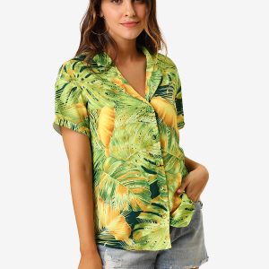 Hawaiian Floral Leaves Tropical Button Down Shirt Green/S - Allegra K catalog
