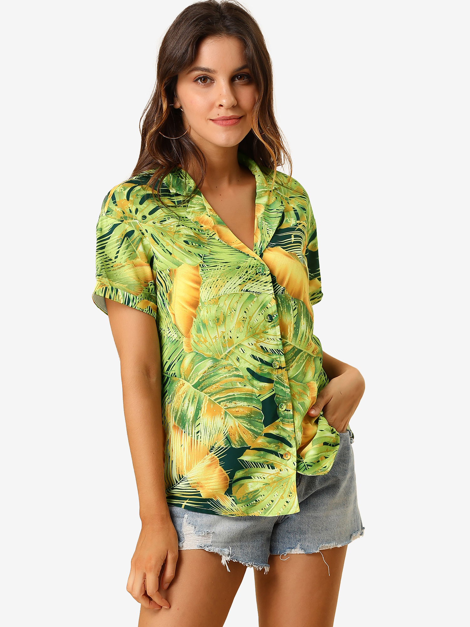 Hawaiian Floral Leaves Tropical Button Down Shirt Green/M - Allegra K catalog