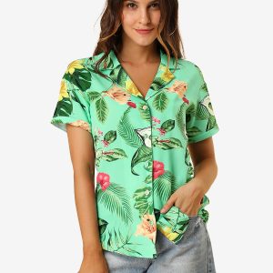 Hawaiian Floral Leaves Tropical Button Down Shirt Mint/L - Allegra K catalog