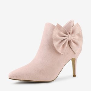 Pointed Toe Zip Bow Stiletto Heel Ankle Boots Dust Pink/6 - Allegra K catalog