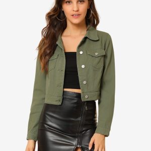 Button Down Long Sleeve Casual Cropped Denim Jacket Olive Green/XL - Allegra K catalog