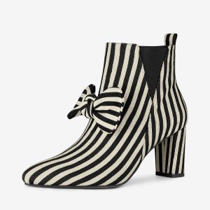 Pointed Toe Zip Striped Chunky Heel Ankle Boots Black/9 - Allegra K catalog