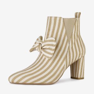 Pointed Toe Zip Striped Chunky Heel Ankle Boots Khaki/7 - Allegra K catalog