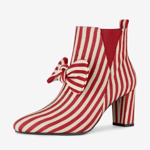 Pointed Toe Zip Striped Chunky Heel Ankle Boots Red/9 - Allegra K catalog