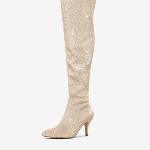 Glitter Pointed Toe Stiletto Heel Over the Knee High Boot Gold/9 - Allegra K catalog