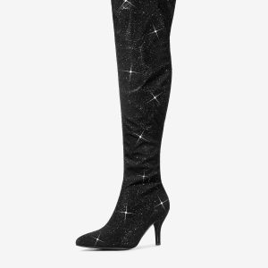 Glitter Pointed Toe Stiletto Heel Over the Knee High Boot Black/10 - Allegra K catalog