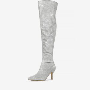 Glitter Pointed Toe Stiletto Heel Over the Knee High Boot Silver/8 - Allegra K catalog