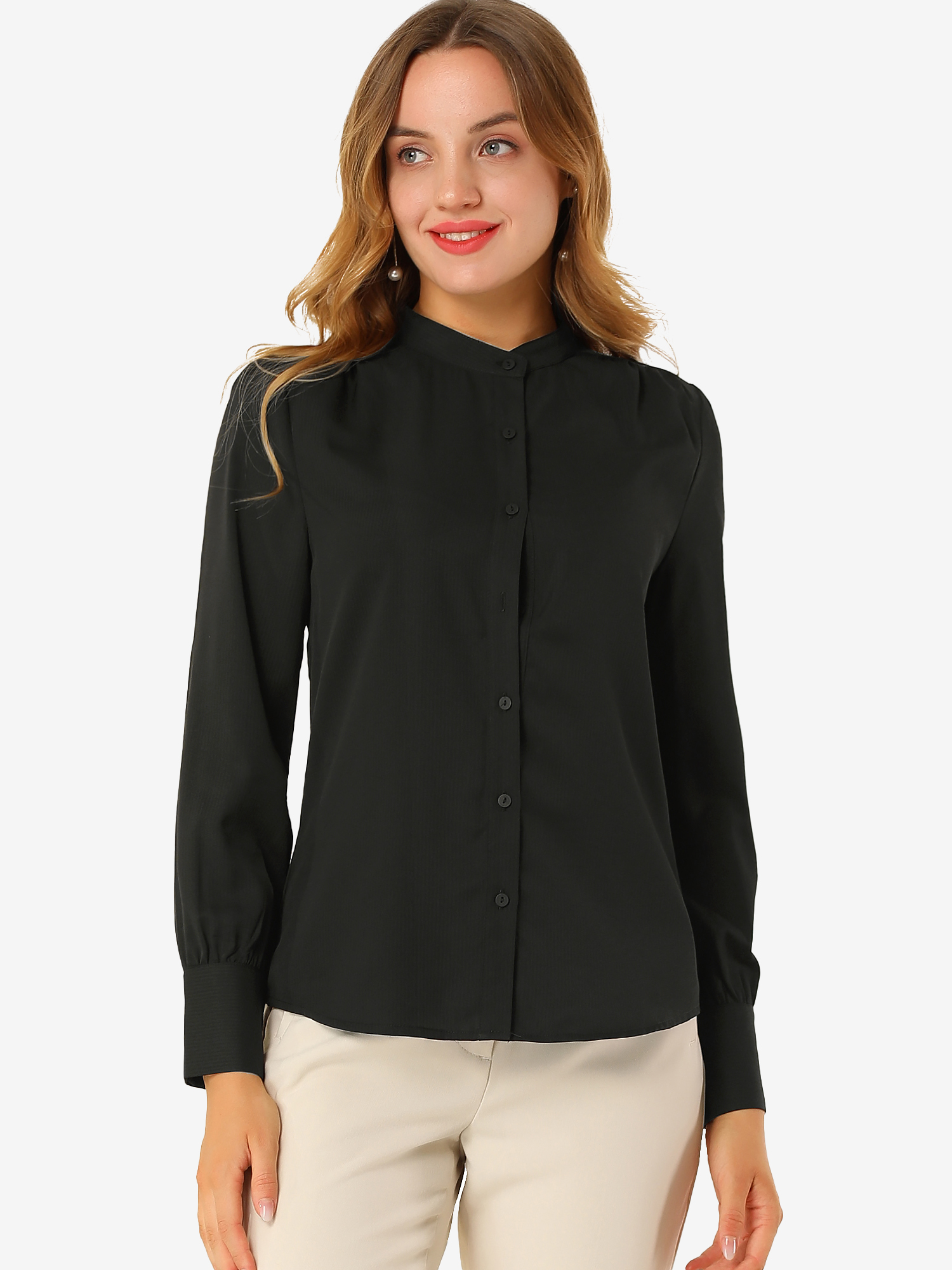 Mandarin Collar Long Sleeve Button Down Office Shirt Black/XS - Allegra K catalog