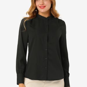 Mandarin Collar Long Sleeve Button Down Office Shirt Black/L - Allegra K catalog