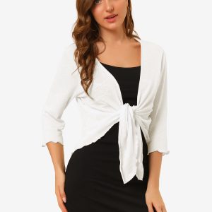 Open Front Knit Cardigan Tied 3/4 Sleeve Bolero Shrug White/M - Allegra K catalog