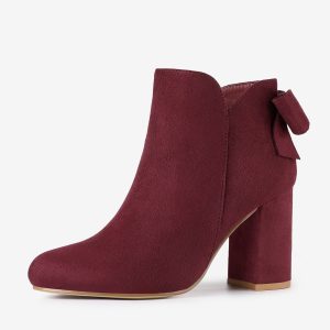 Round Toe Bow Decor Chunky Heel Ankle Boots Burgundy/7.5 - Allegra K catalog