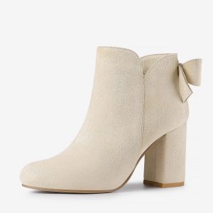 Round Toe Bow Decor Chunky Heel Ankle Boots Beige/8.5 - Allegra K catalog