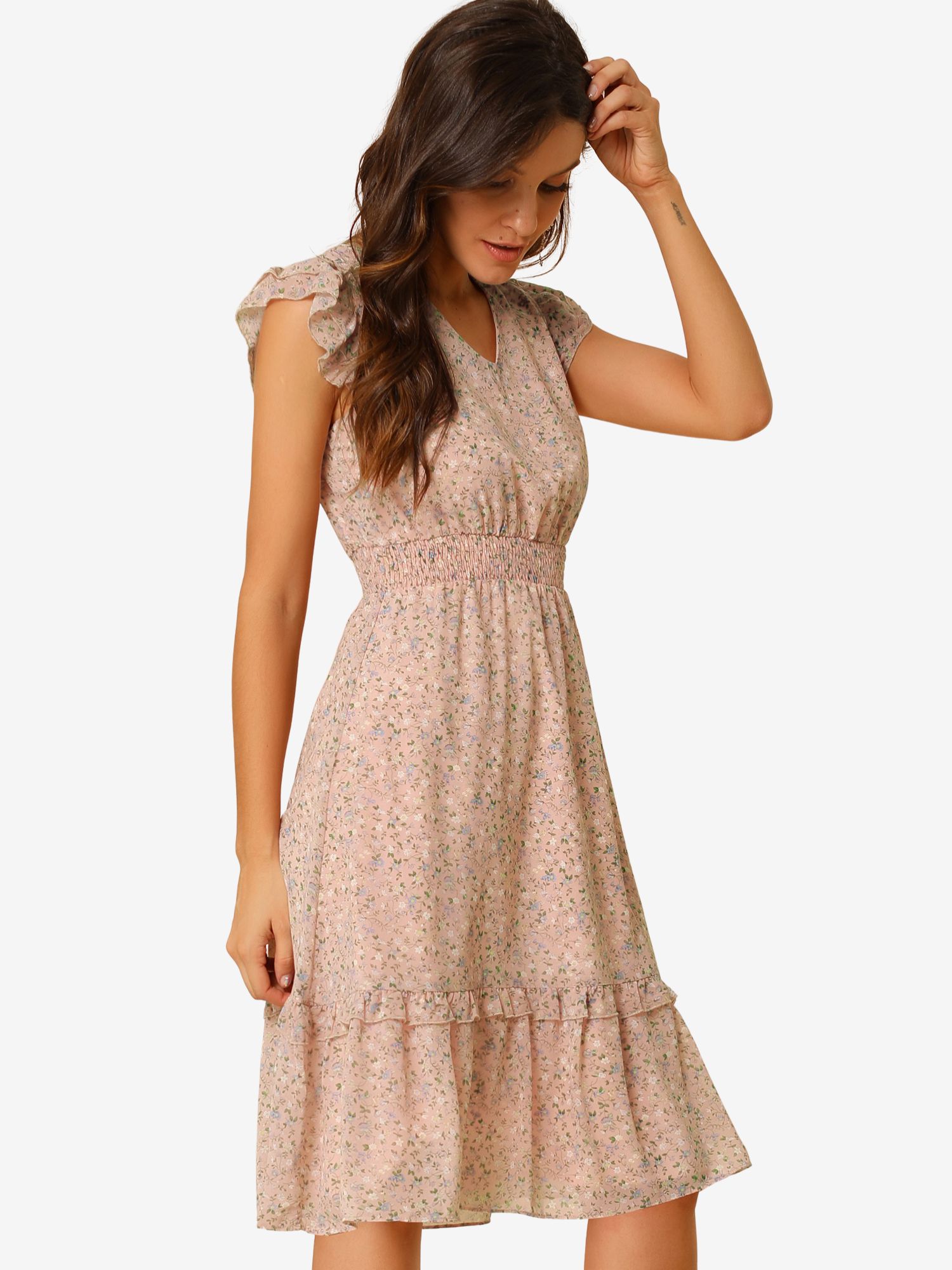 Floral Flutter Sleeve V Neck Smocked Ruffle Dress Pink/M - Allegra K catalog